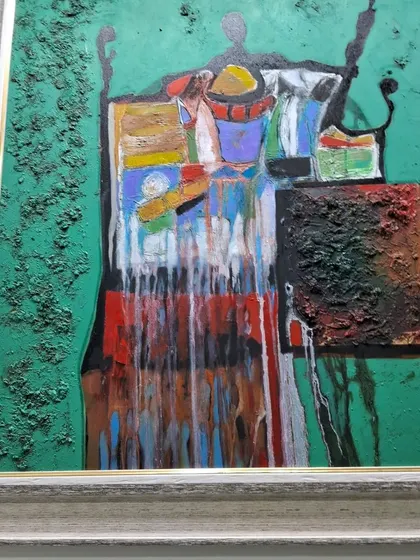 A textured, multi-layered abstract artwork from a World Art Dubai artist.