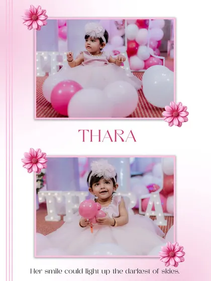 A festive and fun layout for a first birthday album. This design features two photos of the birthday girl surrounded by pink floral elements and a background that matches the party's color scheme.