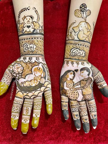 I love creating personalized mehendi for baby showers. This design features adorable motifs like a baby sleeping on the moon, a couple portrait, teddy bears, and playful "Boy" or "Girl" text, making it a unique celebration for the mom-to-be.