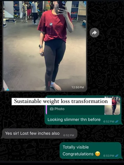 "Looking slimmer than before." This client is happy with her sustainable weight loss transformation and inch loss, proving our plans deliver visible results.