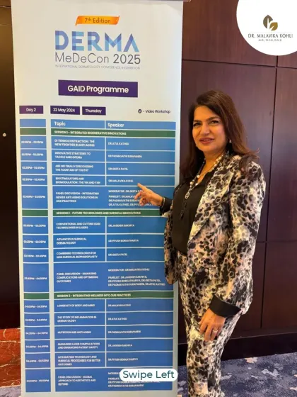 Pointing to the scientific program at Derma MeDeCon 2025. I had the honor of presenting lectures on longevity and the principles of bio-stimulation and bio-modulation.
