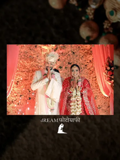 The bride and groom, Ahana and Bhuvnesh, greeting their guests with a respectful 'namaste' during the ceremony.