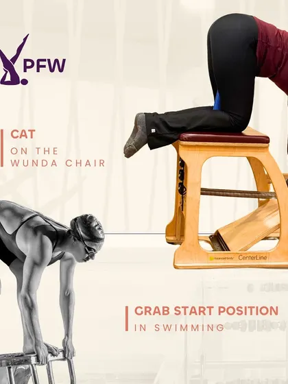 Pilates and swimming are a perfect match. The "Cat on the Wunda Chair" exercise, shown here, builds the core strength and spinal articulation needed for a powerful grab start position, helping swimmers improve their reach and stability.