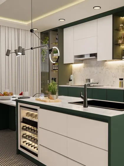 A modern, sculptural light fixture hangs above the island, adding an artistic touch to this functional space.