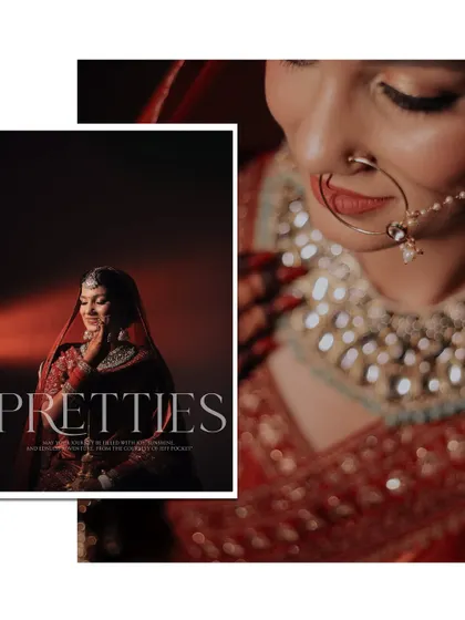 A sophisticated bridal collage with a close-up on the bride's nath and a full portrait with an elegant "PRETTIES" text overlay. This highlights both the fine details and the overall look.