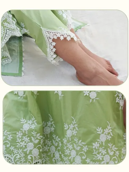 I love the details on this set. The sleeve has beautiful lace inserts, and the hem of the kurta is covered in intricate floral embroidery, adding a touch of elegance.