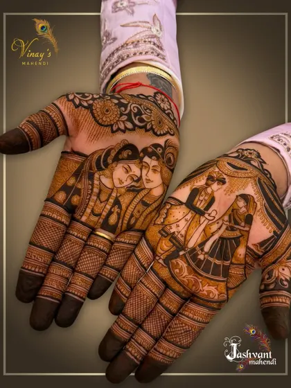 Groom mehndi deserves to be just as detailed. This design features a portrait of Radha and Krishna on one palm and a beautiful varmala ceremony on the other, showcasing our skill in creating narrative henna art for grooms.