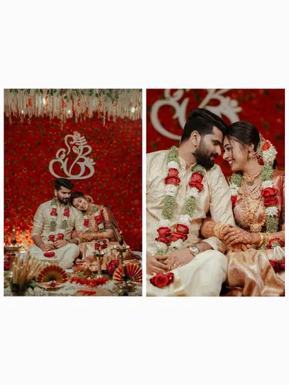 A diptych of romantic moments between the couple on their wedding stage.