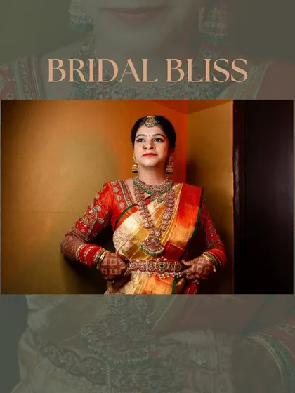 A graphic-style portrait of the bride, Bhanupriya, looking stunning in her traditional wedding attire.