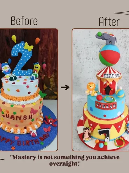 Mastery is not something you achieve overnight. This comparison of my circus-themed cakes shows the evolution of my skills in creating complex, multi-tiered designs.