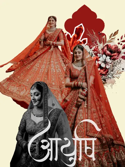 An artistic collage celebrating the bride, combining full-length, close-up, and monochrome portraits. The graphic elements and Hindi calligraphy add a personalized and modern flair.
