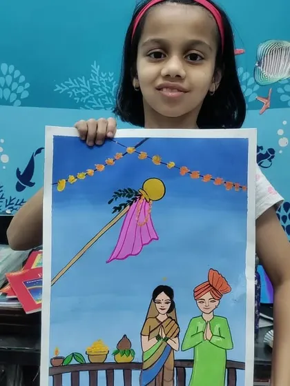 A lovely Gudi Padwa painting featuring a couple in traditional attire, celebrating the festival together.