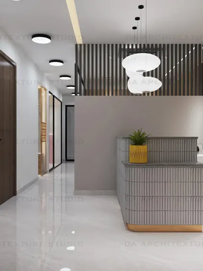 Various views of the transportation company office, showcasing the blend of pastel and vibrant colors, glass partitions, and minimal furniture that create a lively and modern workspace.