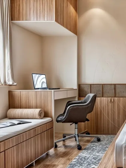 This design shows how a bedroom can incorporate a functional workspace without sacrificing style. The built-in desk and window seat are crafted from the same warm wood, creating a cohesive look. This setup provides a dedicated area for work while maintaining the room's overall sense of tranquility and comfort.