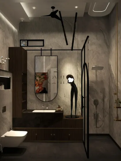This master bathroom in a Noida penthouse is a study in dramatic luxury. I used bold marble cladding, fluted details, and sculptural art pieces to create a space that feels like a private, art-infused spa, blending elegance with powerful design statements.