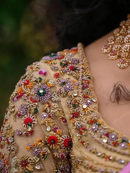 A collection of detailed shots focusing on the diverse and intricate embroidery of my custom blouses. These images highlight the fine craftsmanship, luxurious materials, and unique designs that define my work.