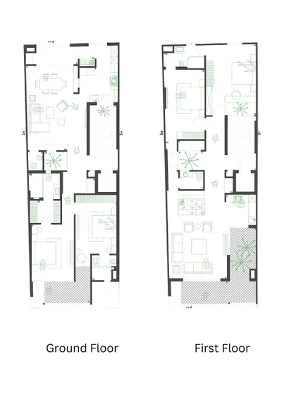 The ground and first-floor plans of Hikari House. The layout shows how we planned for two families on one small plot, with a central light court anchoring both floors and private bedrooms at the periphery.