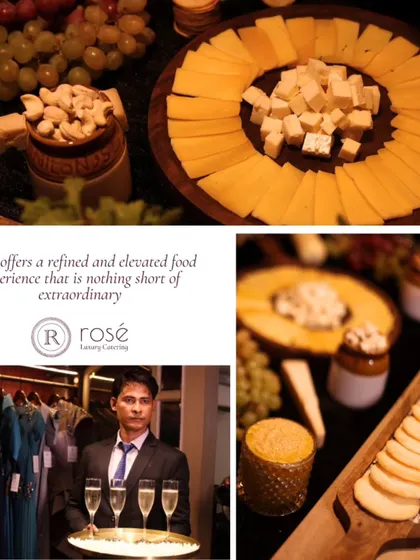 A collage showcasing our refined food experience, including a beautiful cheese platter and a server with champagne. We provide an elevated service that is nothing short of extraordinary.