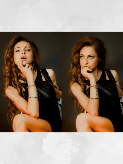 A diptych showing two similar yet distinct poses. This side-by-side comparison is effective for showing subtle shifts in expression and mood.