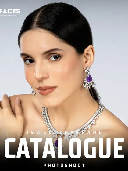 A close-up on the model's face and hands, highlighting a diamond necklace with a purple gemstone, perfect for a beauty or editorial feature.