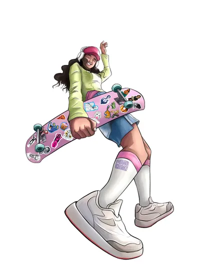 The sticker-bombed skater girl character isolated on a white background. This is a great way to present a character design clearly, focusing on the pose, outfit, and accessories.