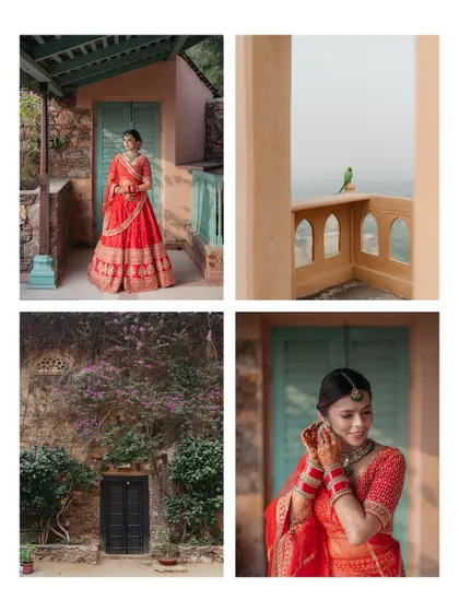 A collage of bridal portraits at Neemrana, showcasing the bride's red lehenga against the rustic, earthy tones of the fort's architecture.