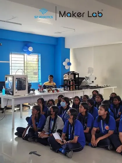 A group of students from Little Gladys High School listens intently during a workshop at our HSR Layout Maker Lab. We frequently host school visits to give more students exposure to the world of technology.