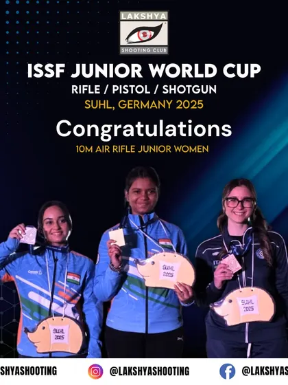 The podium for the 10m Air Rifle Junior Women event at the ISSF Junior World Cup, with our athlete Ojasvi Thakur securing the silver medal.