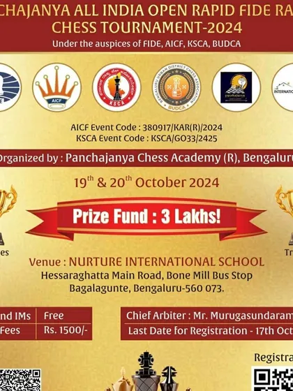 Details of the Panchajanya All India Open Rapid FIDE Rating Chess Tournament 2024. With a prize fund of Rs. 3 Lakhs, this event attracted top talent for a competitive rapid chess challenge.