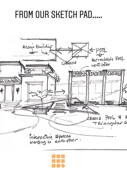 In the realm of creativity, the journey begins with a simple sketch. This drawing shows the genesis of an open garden plan, with interacting spaces merging into each other.