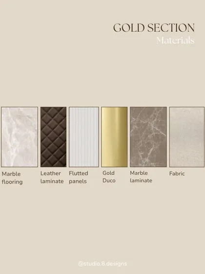 The material selection for the gold section, featuring marble, quilted leather laminate, fluted panels, and gold duco. These materials work together to build a narrative of classic luxury.