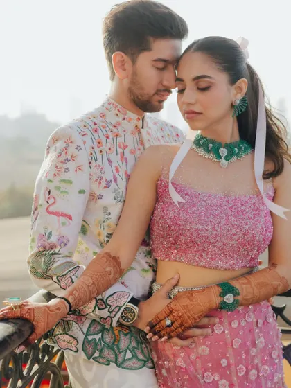 A soft and romantic portrait. The couple holds each other close, their expressions serene, perfectly capturing a moment of quiet love and contentment.