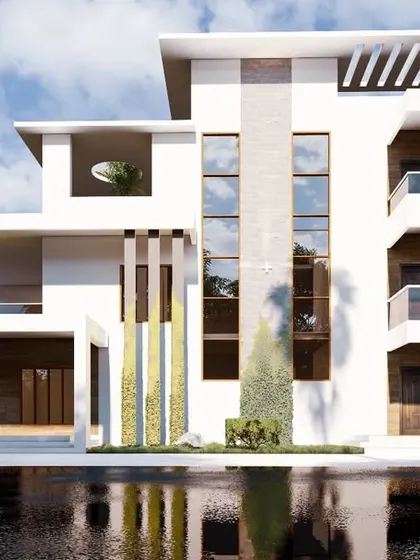 A proposed design for a large, multi-level building in North Karnataka. The architecture is defined by clean white lines, expansive glass windows, and multiple balconies, creating a light and airy structure.