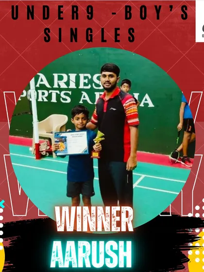 Aarush wins his first gold medal in the Under 9 Boy's Singles at the Aries Sports Arena tournament. A proud moment for him and the academy.
