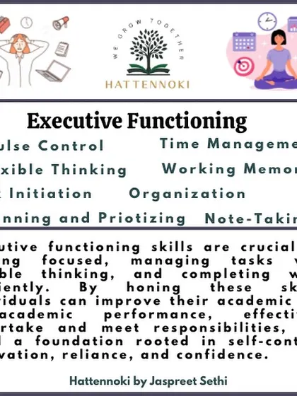 A graphic outlining the key components of Executive Functioning, such as impulse control, time management, and flexible thinking. These skills are crucial for academic and life success.