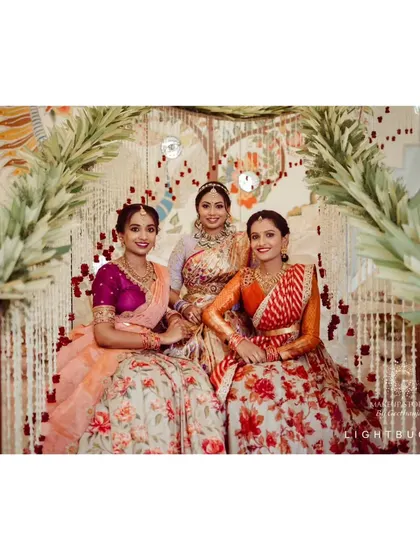 Nidhi with her bridesmaids, all looking beautiful. This shows how I can create cohesive yet individual looks for the entire bridal party.