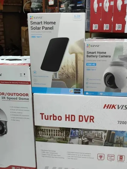 A mix of reliable security products I use, including a Hikvision indoor/outdoor speed dome and an EZVIZ solar panel for battery-powered cameras.