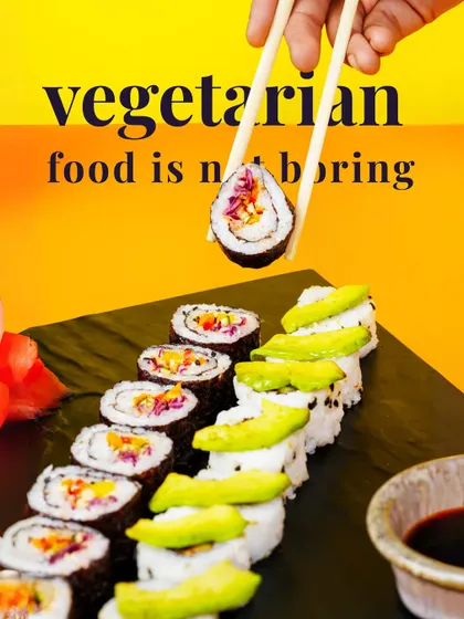 I am here to prove that vegetarian food is not boring. This image features my colorful vegetable sushi rolls, with one piece held up by chopsticks to show the fresh, crunchy fillings. It's a testament to how exciting plant-based food can be.