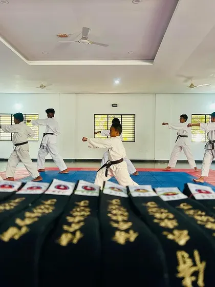 A row of black belts lined up, symbolizing the goal that our students work towards.