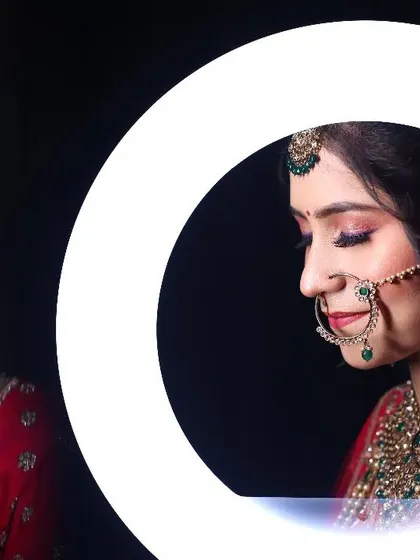 A creative diptych of a bridal portrait, using a ring light as a frame. This modern technique creates a unique and visually interesting composition.