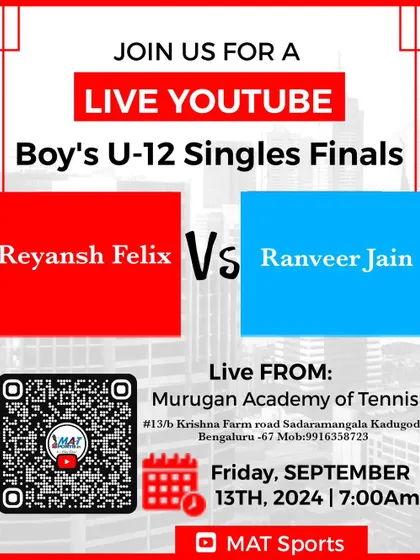 A promotional graphic for the live YouTube broadcast of our Boy's U-12 Singles Finals. We leverage technology to increase visibility for our players and tournaments.