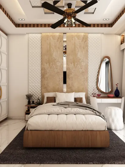 This master bedroom 3D render features a textured headboard wall, an elegant vanity corner with a unique mirror, and classic white wardrobes.