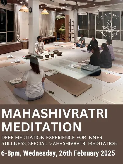 An invitation to our special Mahashivratri Meditation. This poster highlights the event as a deep meditation experience for inner stillness, held in honor of the great night of Shiva.
