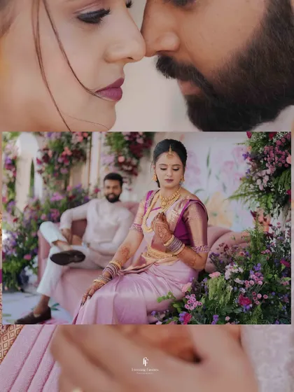 A creative collage focusing on the couple's intimate connection during their engagement, with a close-up of the bride's serene expression.