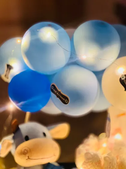 A close-up of the balloon bouquet with "Just Arrived" stickers. These custom details help announce the happy news in a festive way.