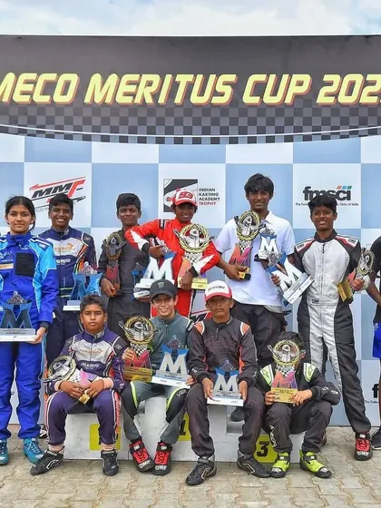 The next generation of champions. Our junior drivers, including podium-finisher Rishik, celebrating their trophies at the Meco Meritus Cup 2023.