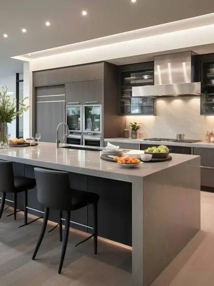 This large, open-concept kitchen features dark grey cabinetry, a light grey island with seating, and professional-grade integrated appliances. The design is perfect for serious home cooks who love to entertain.