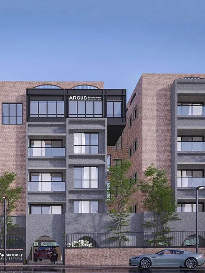 Renderings of the ARCUS project, visualizing the final design with its distinctive brick and grey facade, arched openings, and cantilevered sections.