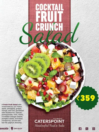 Our Cocktail Fruit Crunch Salad is a refreshing mix of sun melon, apple, pineapple, grapes, and kiwi, garnished with berries, walnuts, and pomegranate. It's a high-protein, low-guilt meal that's full of flavor.