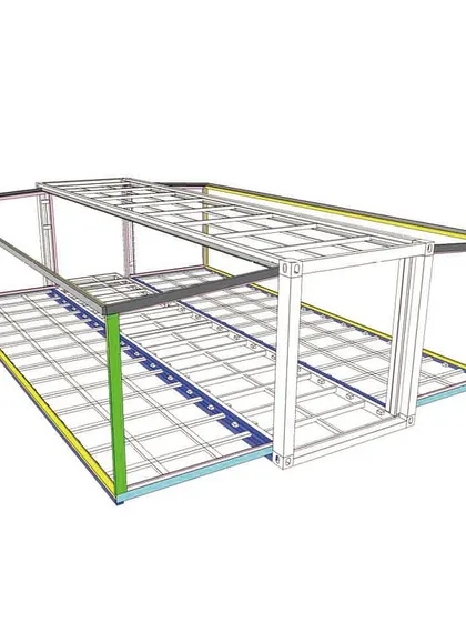 This wireframe diagram reveals the structural engineering of our 30ft expandable container house. It highlights the robust steel frame that ensures durability and allows for the innovative folding design.